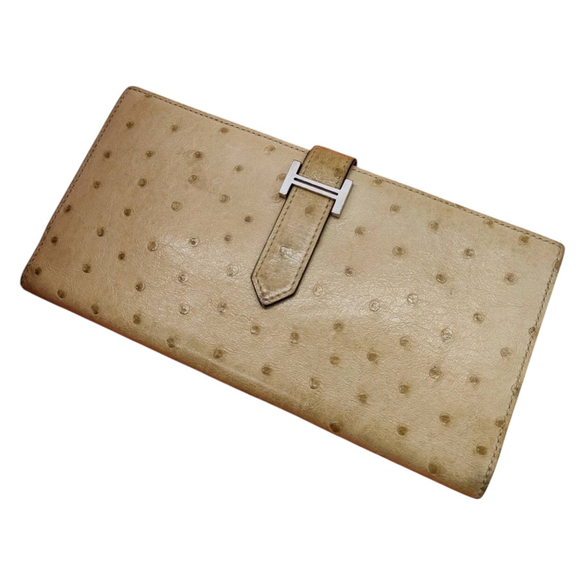 Portefeuille Hermès Béarn Autruche Beige - Vintage